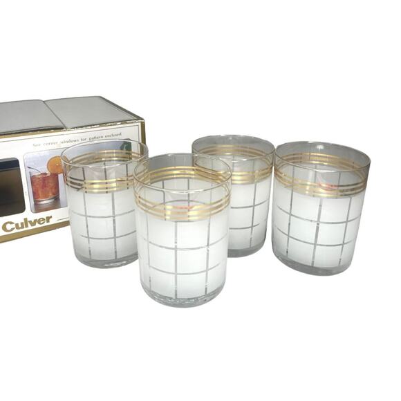 CULVER Double Old Fashion GLASSES 14oz Clear Frosted 22K Gold Trim USA New Box - Picture 1 of 8
